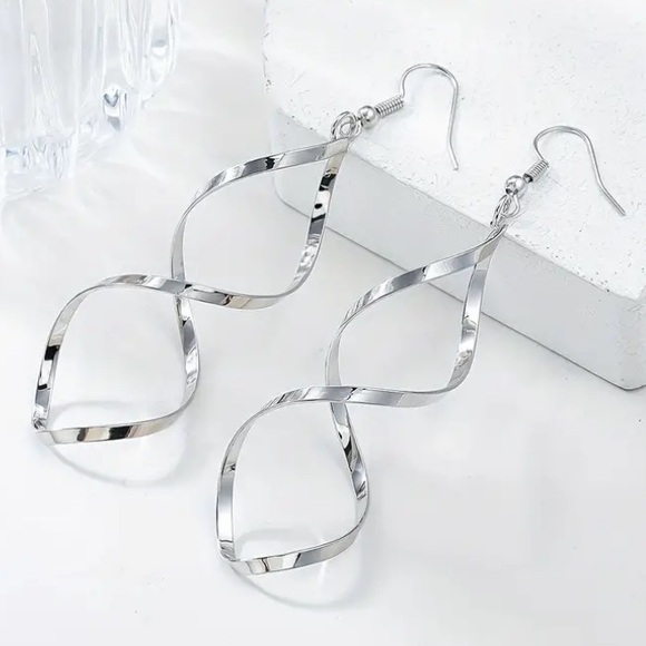 Silver Toned Spiral Twist Dangle Earrings - Picture 2 of 2